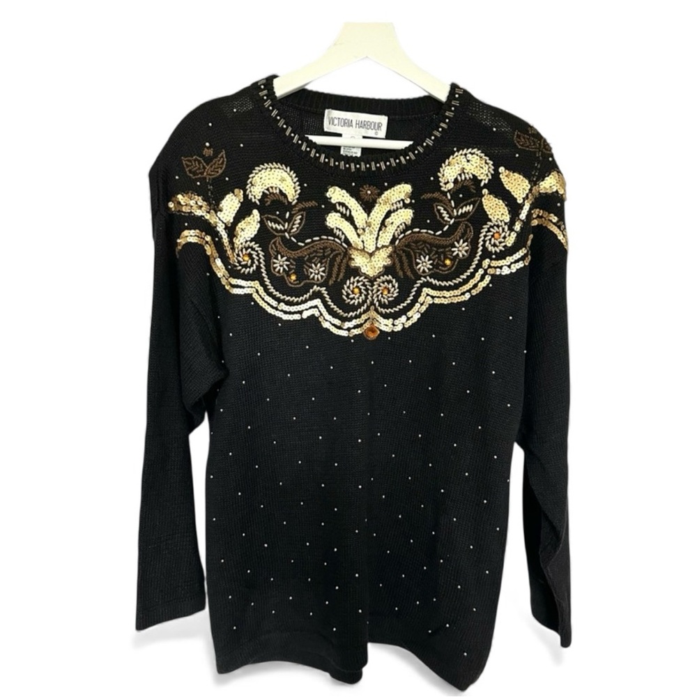 Vintage Victoria Harbour Black & Gold Jeweled Sweater (Size Large)
